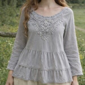 Meadow Rue Anthropologie Gray Cottagecore Bohemian Crochet Tiered Top Size L
